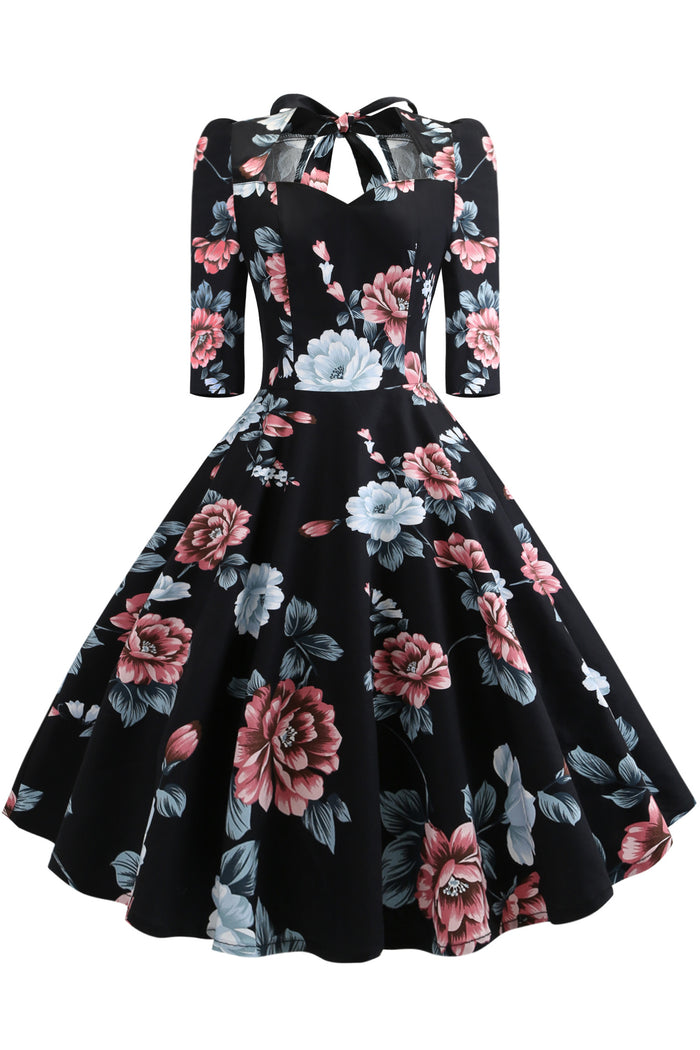 3 Styles Floral 1/2 Sleeves A-line Vintage Dress
