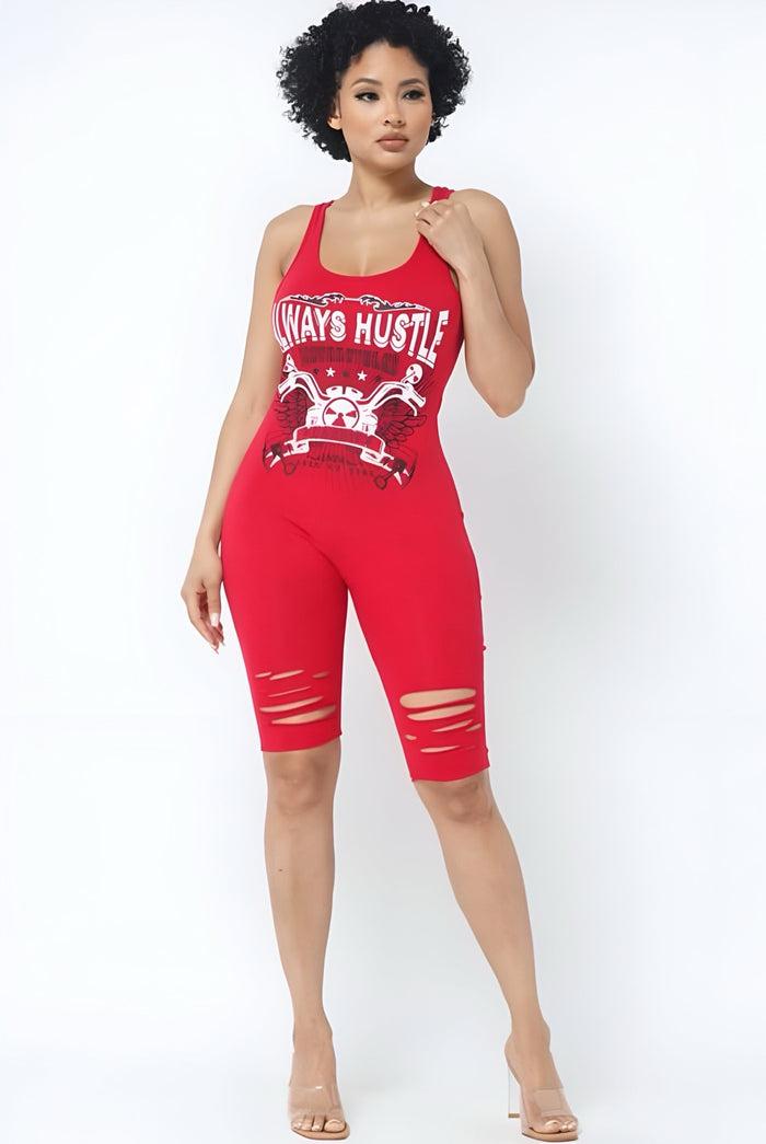Always Hustle - Distressed Stretch Body-con Cotton Tank Romper