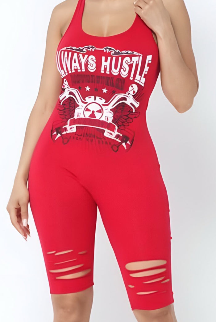 Always Hustle - Distressed Stretch Body-con Cotton Tank Romper