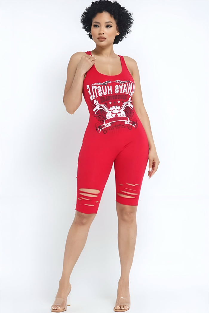 Always Hustle - Distressed Stretch Body-con Cotton Tank Romper