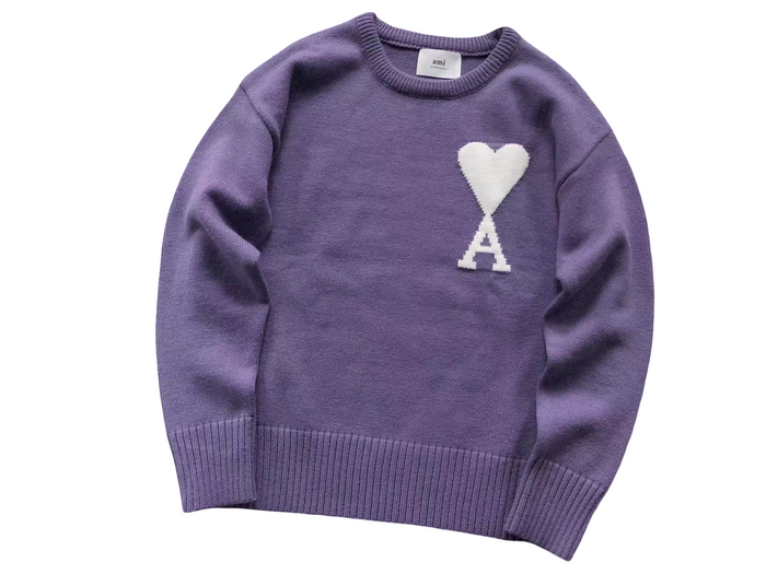 AMI Paris Maxi White Heart Knit Sweater Purple