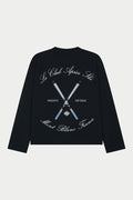 Black long sleeved t-shirt with white text and design on a light grey background