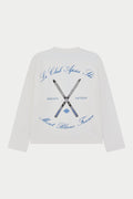 White long sleeved t-shirt with blue text and graphics on a white background