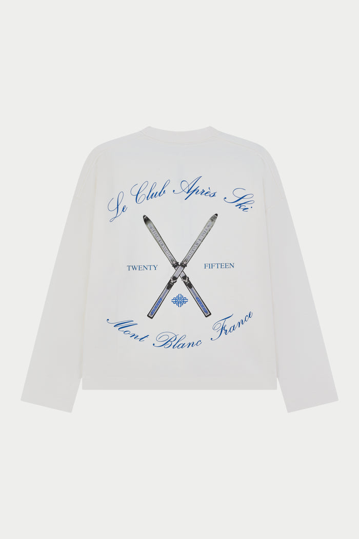 White long sleeved t-shirt with blue text and graphics on a white background