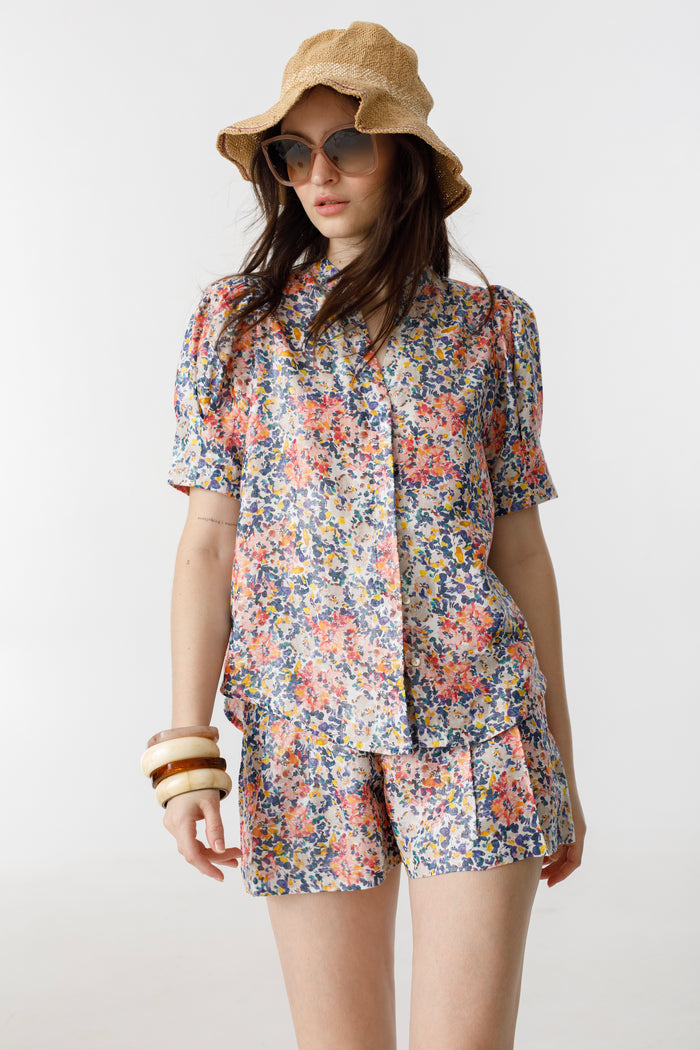 Athina Metallic Linen Shirt - Florece Print