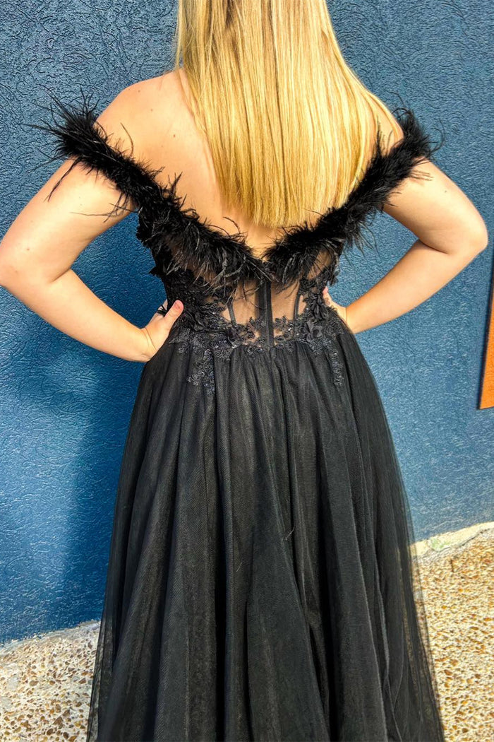 Black Feathered Off-Shoulder Floral A-line Long Prom Dress with Slit