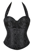 Black Floral Bow Tie Halter Lace-Up Bustier Corset Top