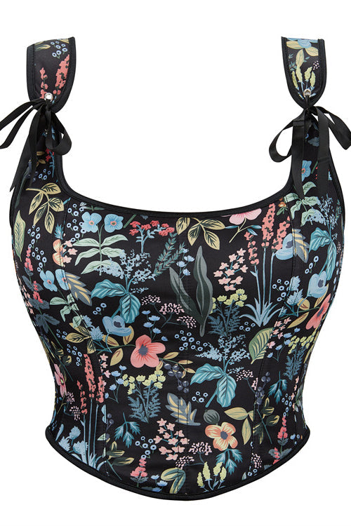 Black Floral Bow Tie Lace-Up Retro U Neck Bustier Corset Top