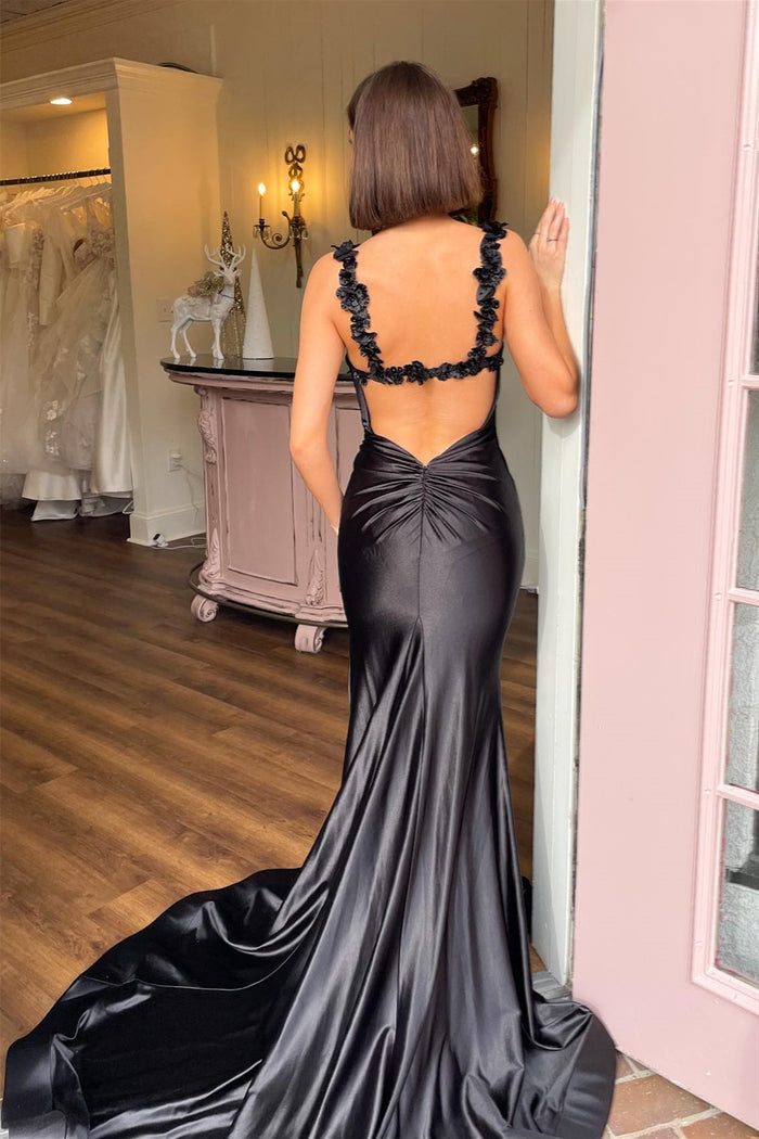 Black Floral Straps Mermaid Long Prom Dress with Slit