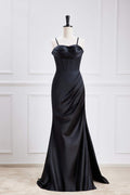 Black Lace-Up Mermaid Satin Long Bridesmaid Dress with Slit