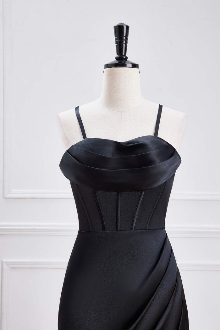Black Lace-Up Mermaid Satin Long Bridesmaid Dress with Slit