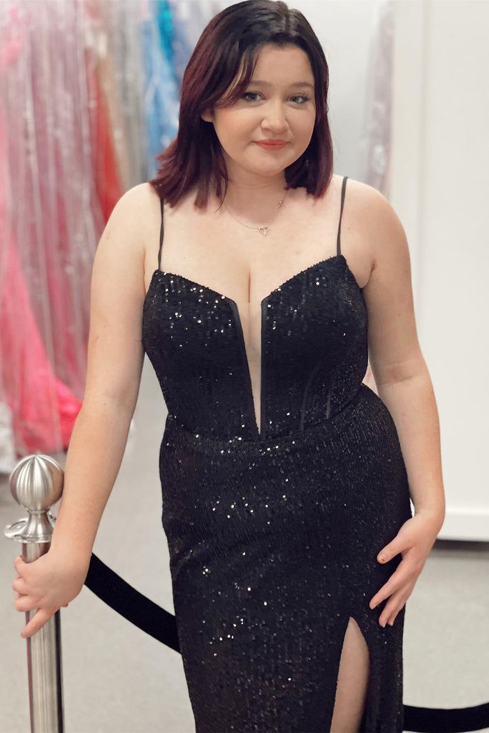 Black Lace-Up Sequins Mermaid Deep V Neck Long Prom Dress with Slit