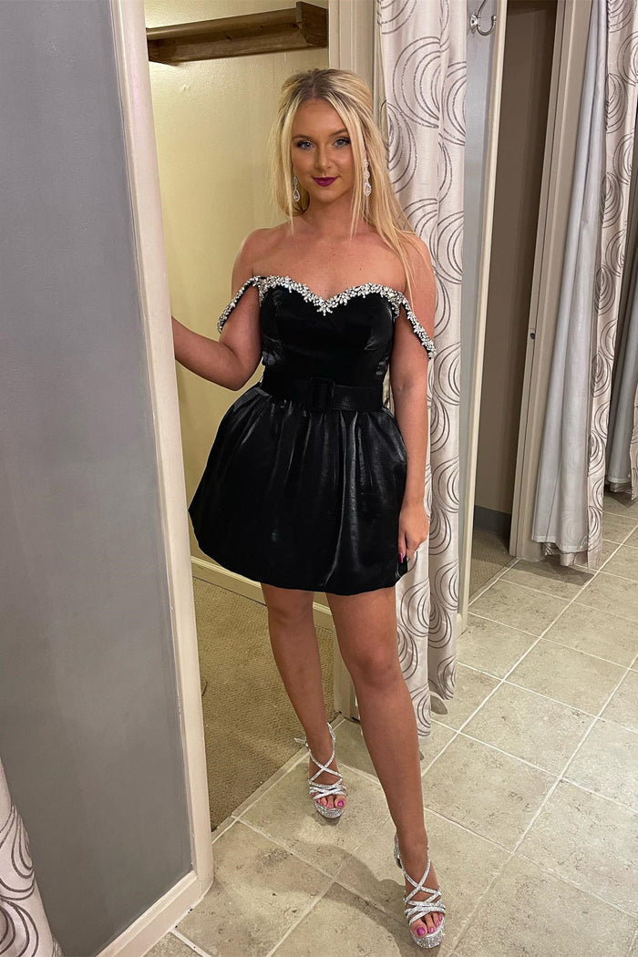 Black Leather Beaded Off-the-Shoulder A-line Homecoming Dress