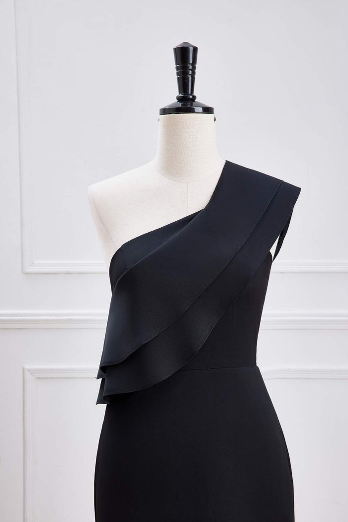 Black Ruffled One Shoulder Mermaid Long Bridesmaid Dress