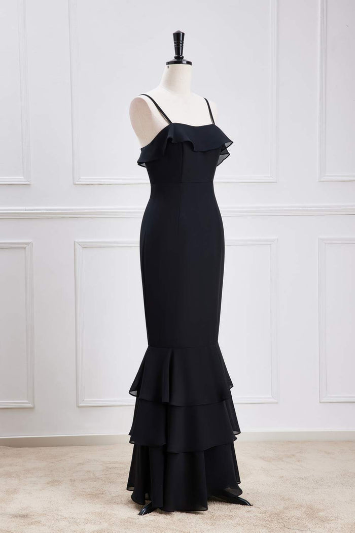 Black Ruffled Spaghetti Straps Mermaid Layers Long Bridesmaid Dress