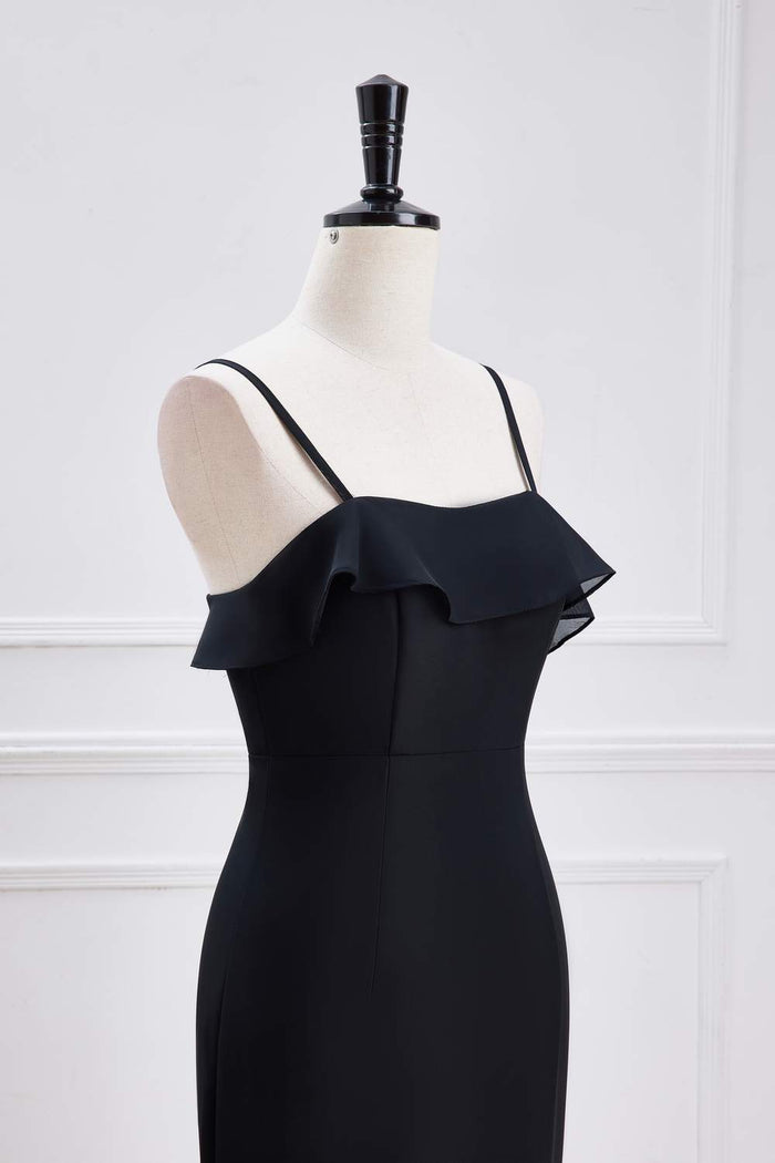 Black Ruffled Spaghetti Straps Mermaid Layers Long Bridesmaid Dress