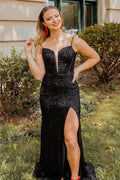 Black Sequins Lace-Up Mermaid Long Ptom Dress with Slit