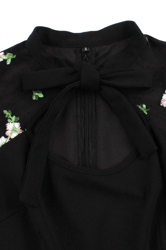 Black Sleeveless Bow Tie A-line Embroidery Vintage Dress