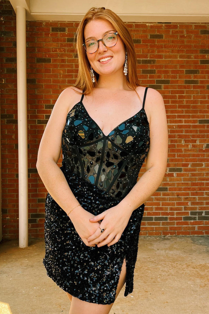Black Straps V Neck Mirror-Cut Sequins Sheath Homecoming Dress