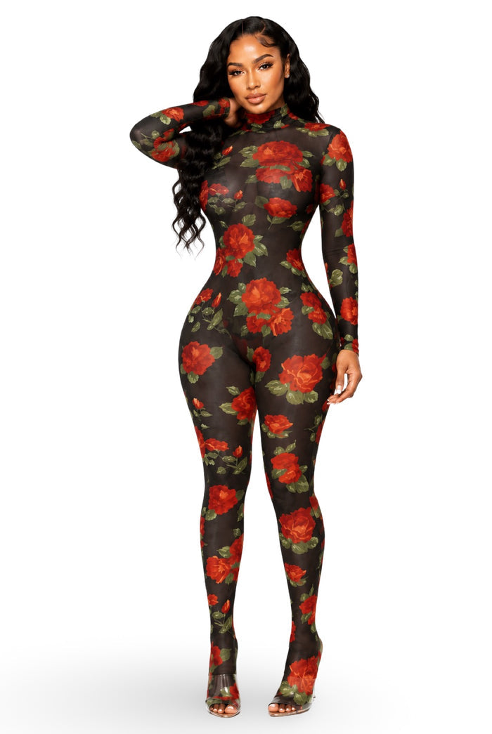 Blossom....Rose Print Mock Neck Jumpsuit