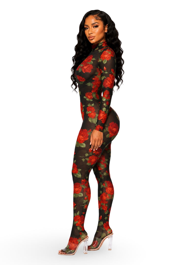 Blossom....Rose Print Mock Neck Jumpsuit