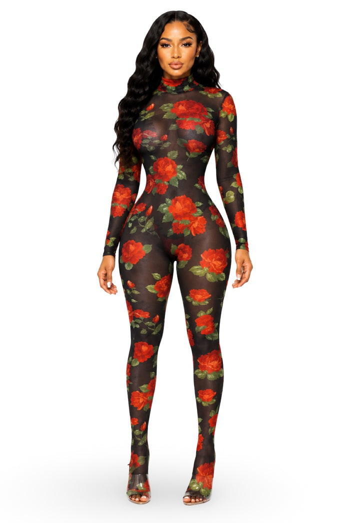 Blossom....Rose Print Mock Neck Jumpsuit