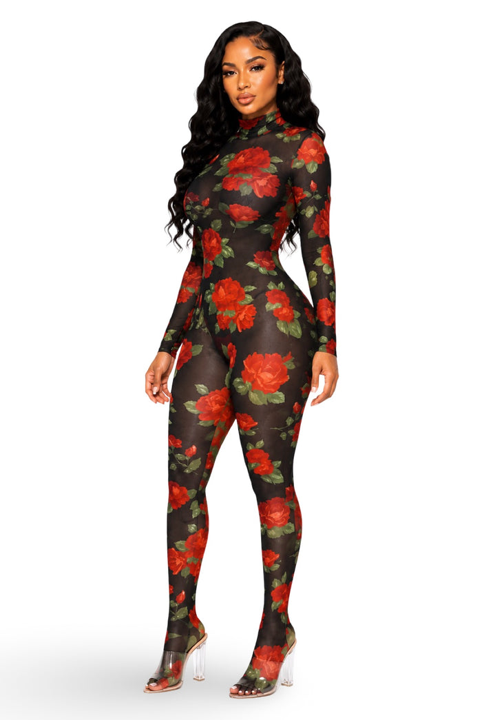 Blossom....Rose Print Mock Neck Jumpsuit