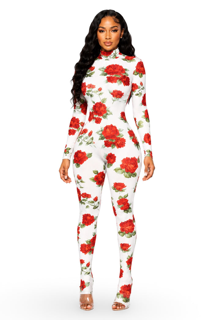 Blossom....Rose Print Mock Neck Jumpsuit