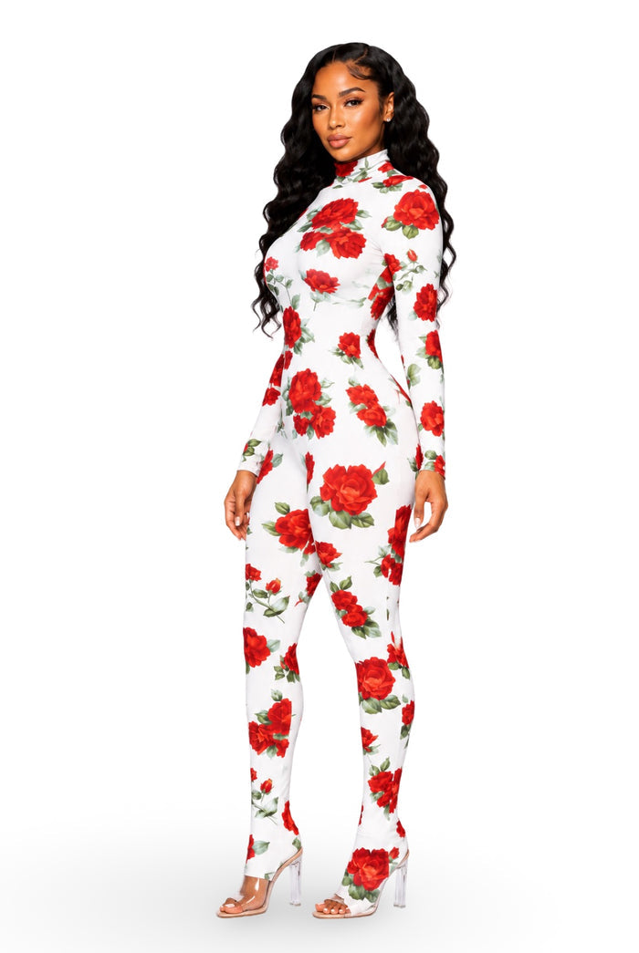Blossom....Rose Print Mock Neck Jumpsuit