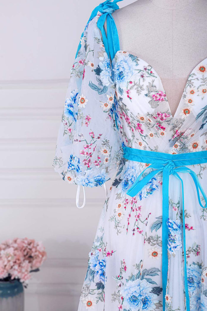 Blue and White Floral Bow Tie Straps A-line Long Prom Dress with Slit