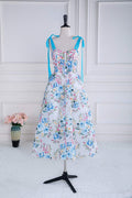 Blue and White Floral Bow Tie Straps A-line Tea-Length Prom Dress