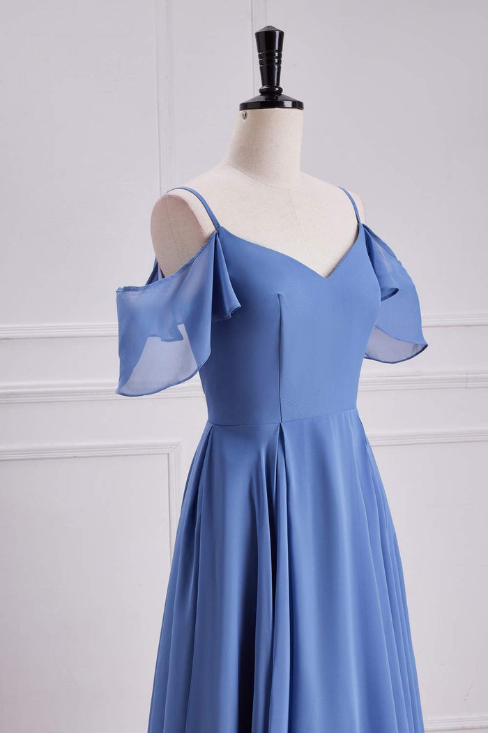 Blue Cold Shoulder A-line Chiffon Long Bridesmaid Dress