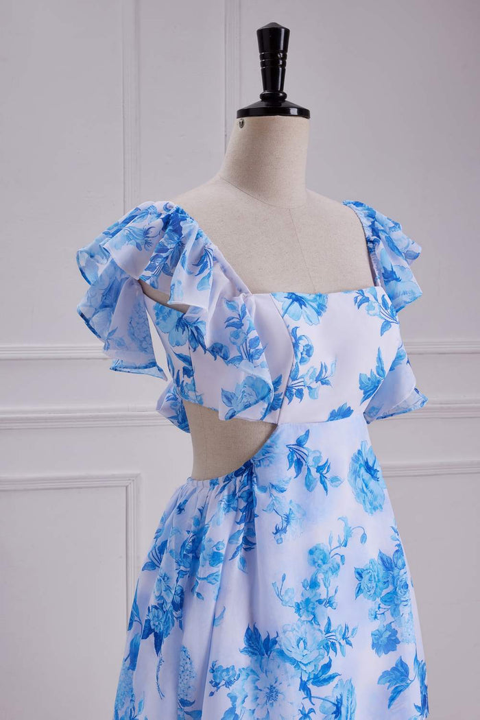 Blue Floral Bow Tie Flutter Sleeves Layers A-line Long Bridesmaid Dress