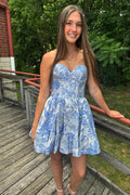 Blue Floral Sweetheart A-line Short Princess Dress