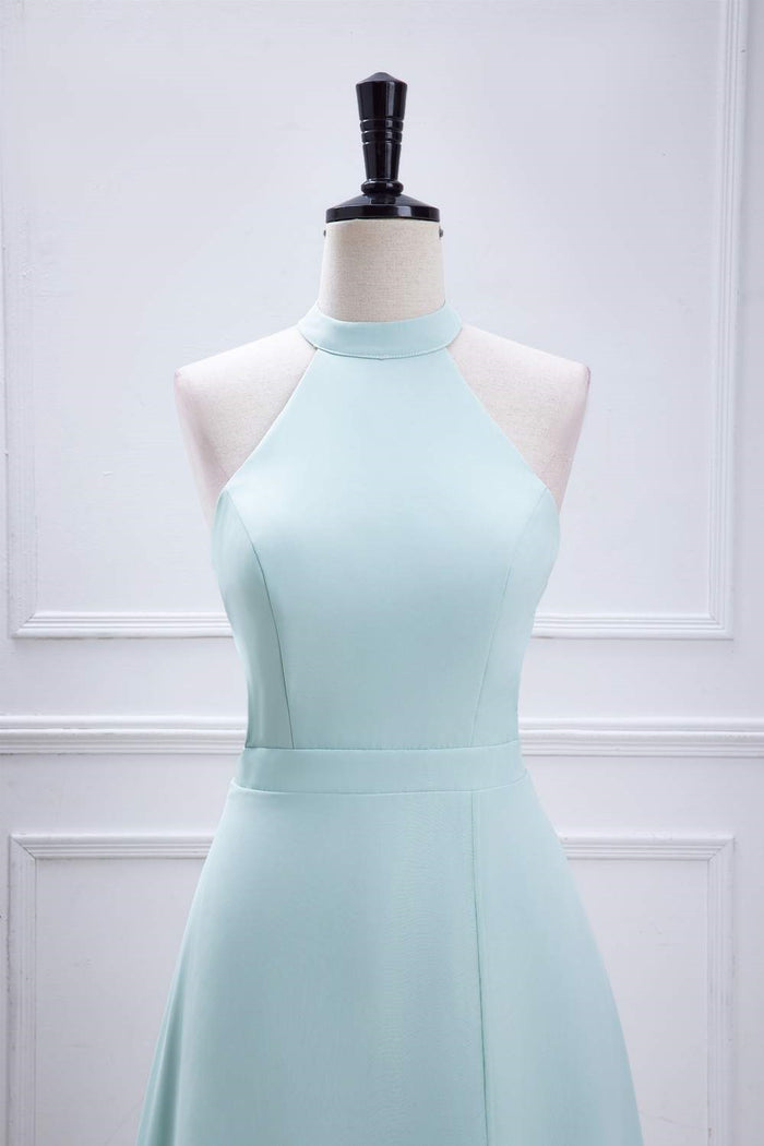 Blue Halter A-line Chiffon Long Bridesmaid Dress with Slit