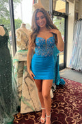 Blue Jay Double Straps Sheath Beaded-Embroidered Homecoming Dress