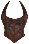 Brown Halter Boned Floral Lae-Up Bustier Corset Top