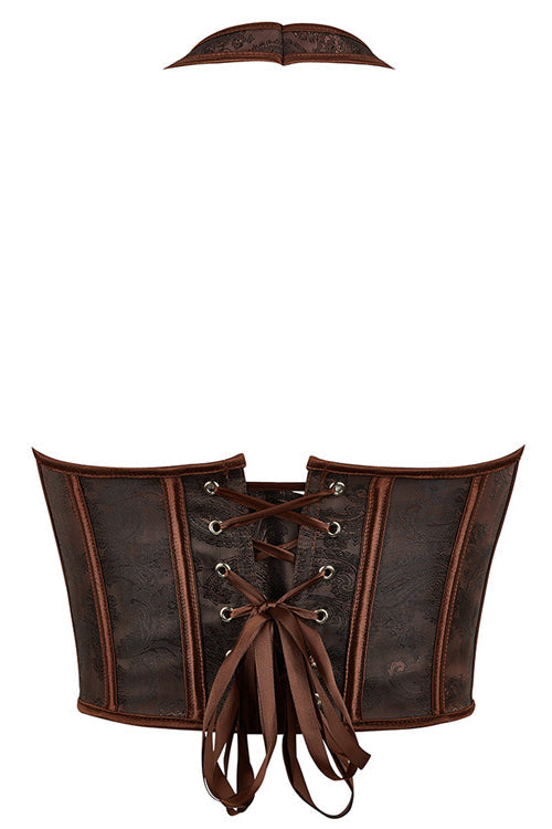 Brown Halter Boned Floral Lae-Up Bustier Corset Top