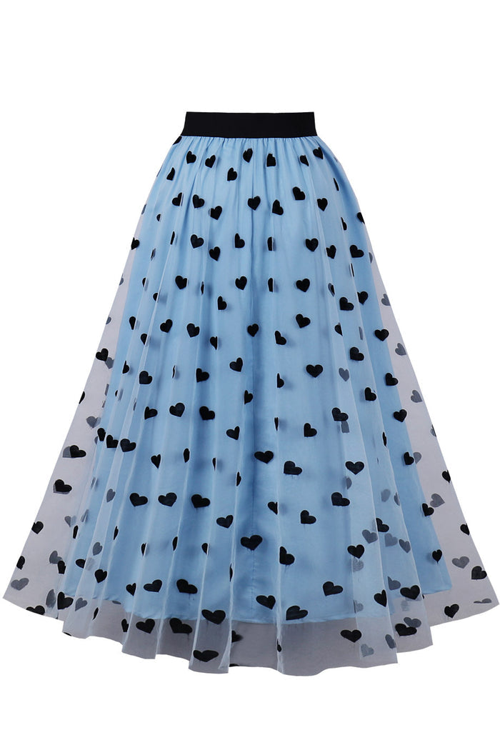 Sky Blue Heart Prints A-line Skirt