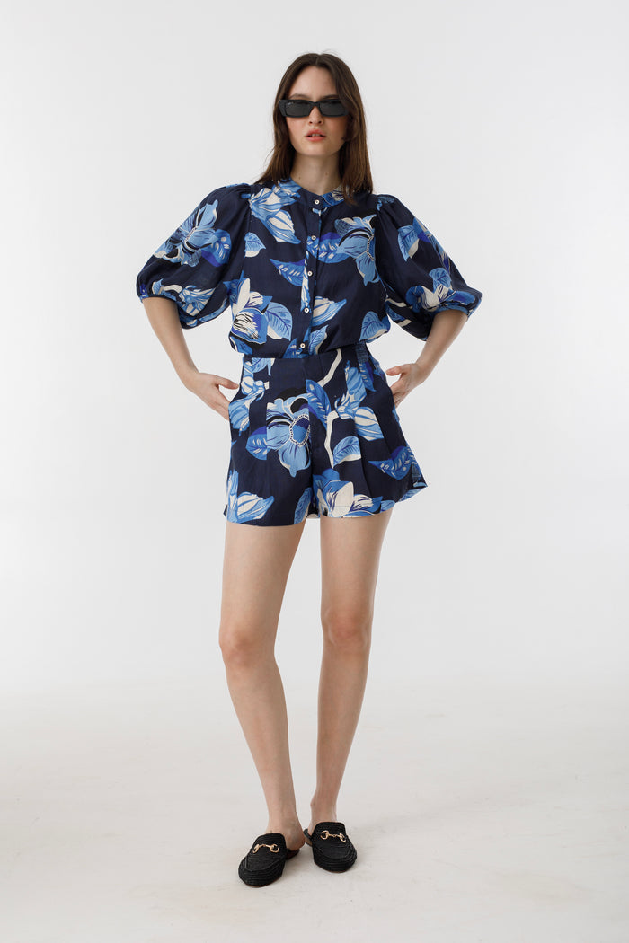 Bubble Linen Shirt - Navy Hibiscus Print