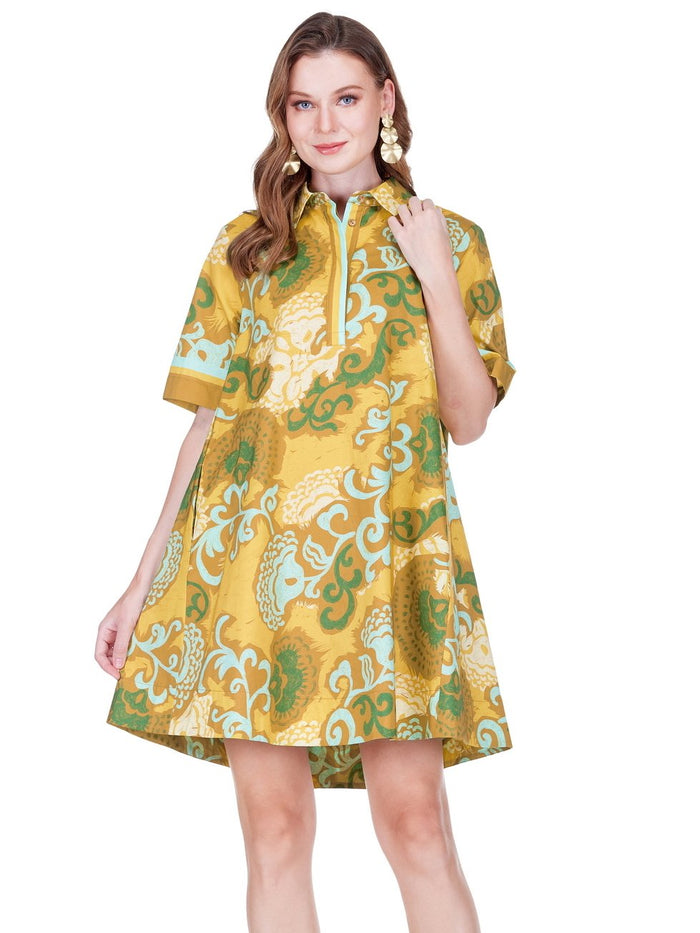 Carried Away Swing Dress in Saffron Scroll