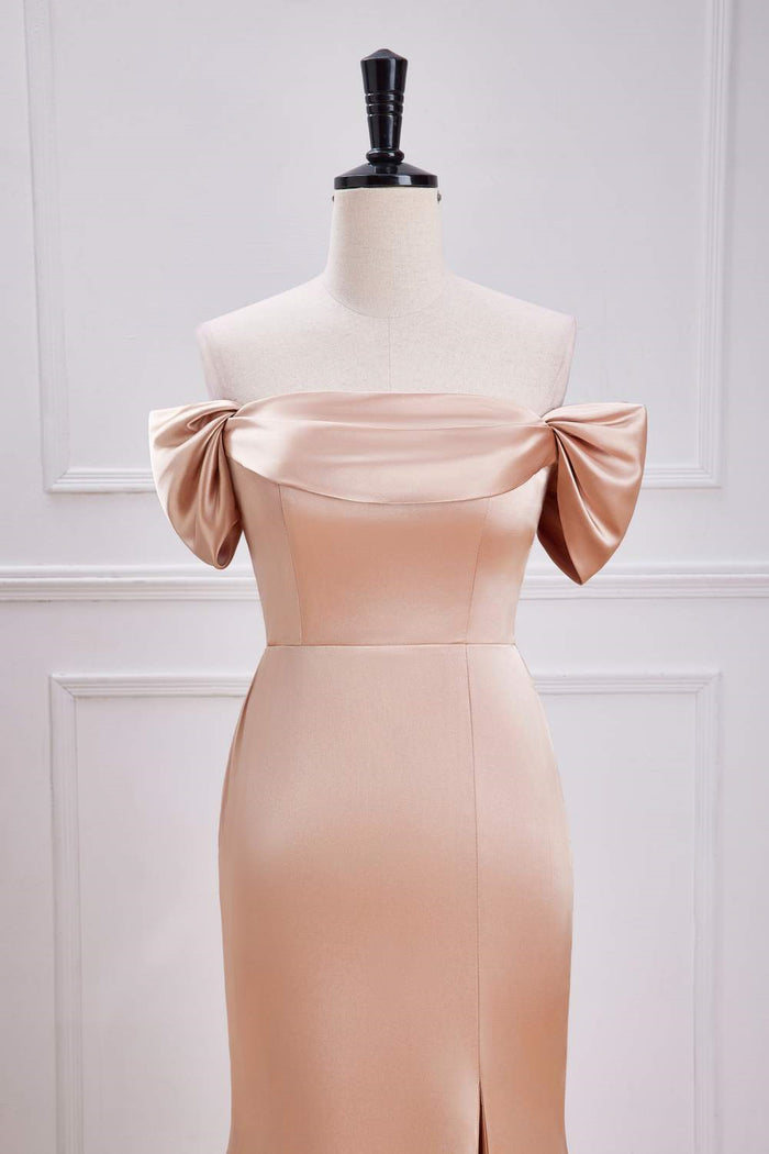 Champagne Off-Shoulder Mermaid Satin Long Bridesmaid Dress with Slit