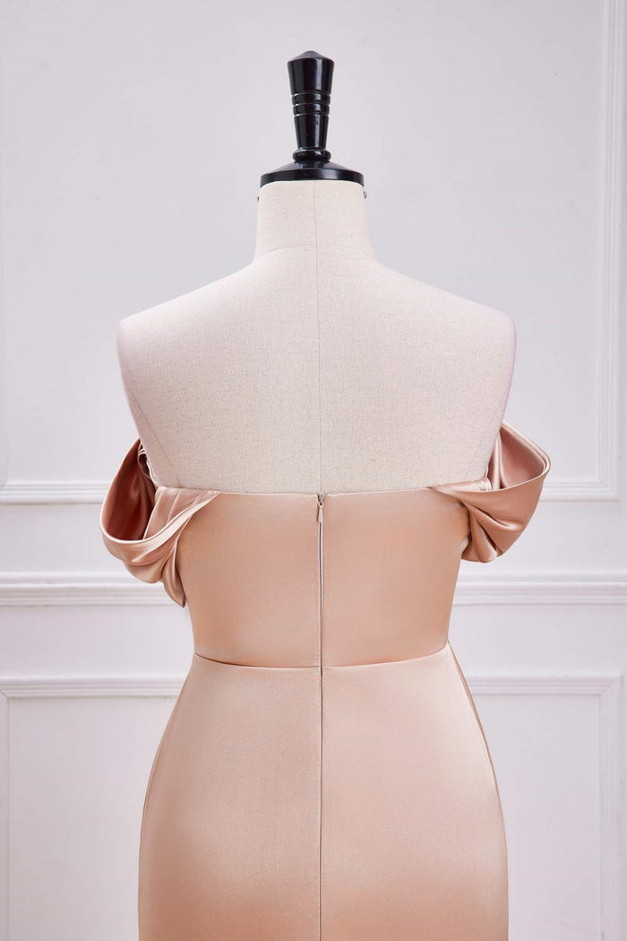 Champagne Off-Shoulder Mermaid Satin Long Bridesmaid Dress with Slit