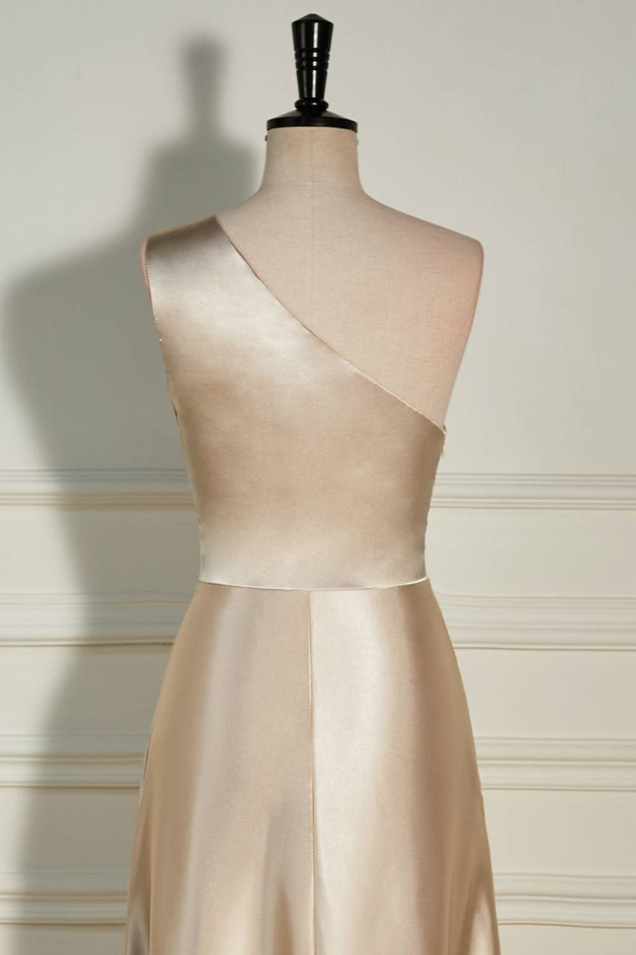 Champagne One Shoulder A-line Satin Long Prom Dress with Slit