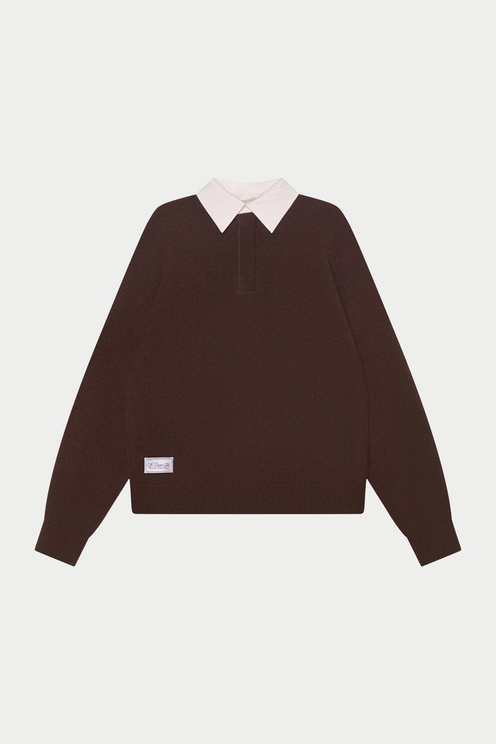 CONTRAST COLLAR KNIT CREW - BROWN