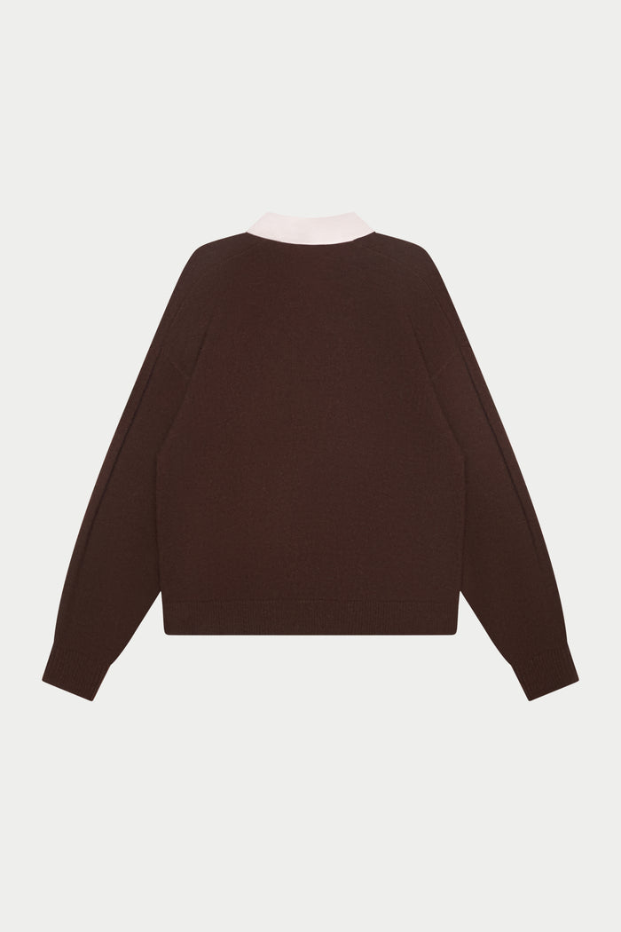 CONTRAST COLLAR KNIT CREW - BROWN