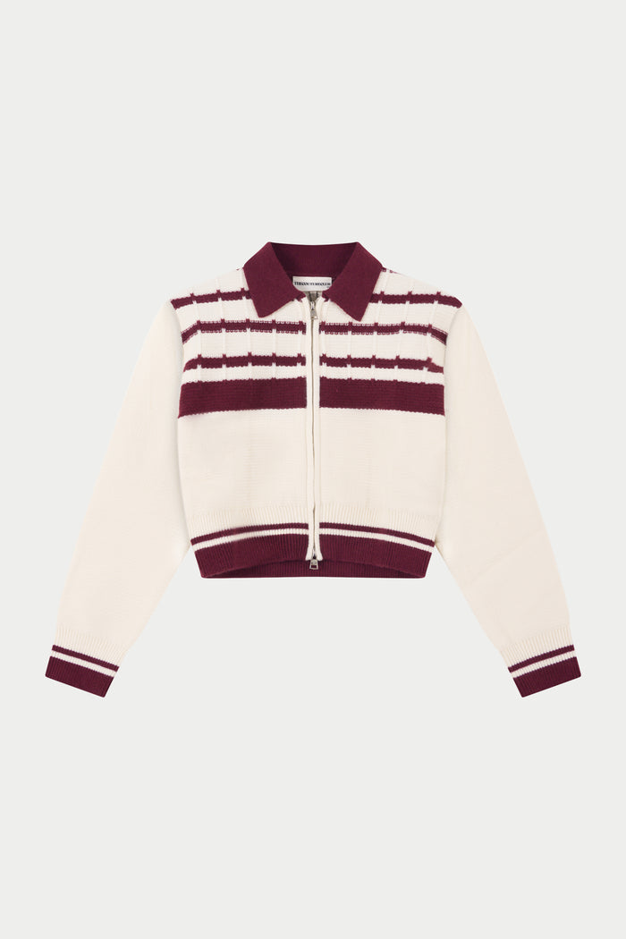 CONTRAST STRIPE KNITTED ZIP THROUGH - OFF WHITE