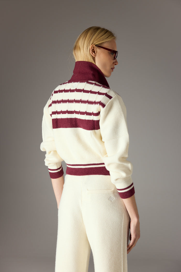 CONTRAST STRIPE KNITTED ZIP THROUGH - OFF WHITE