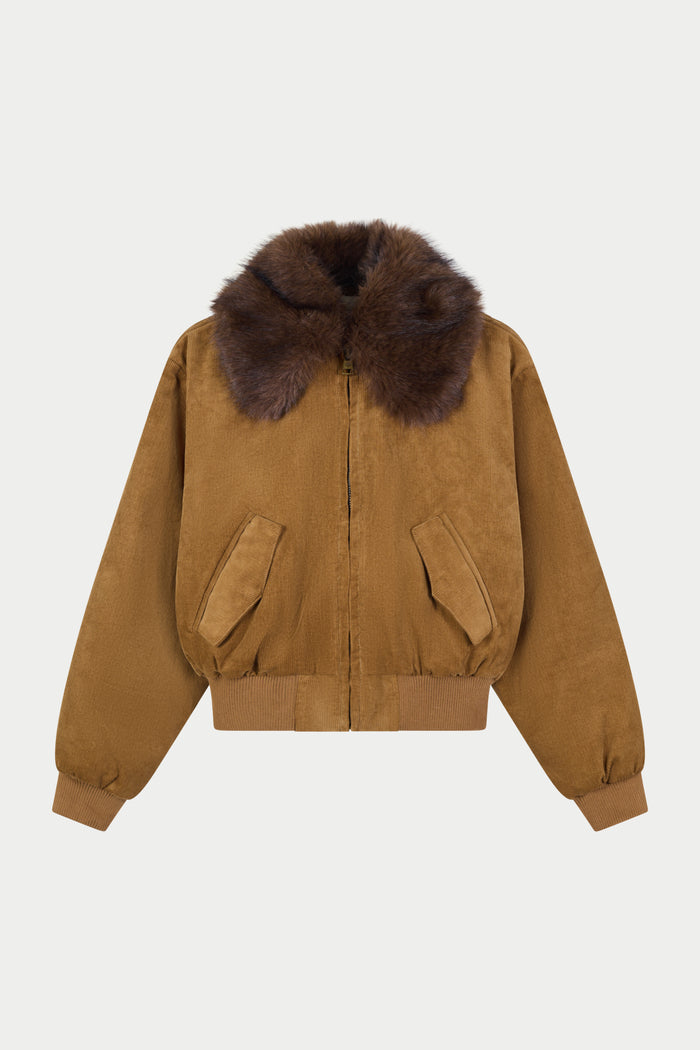 CORD FAUX FUR COLLAR BOMBER JACKET - TAN