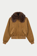 CORD FAUX FUR COLLAR BOMBER JACKET - TAN